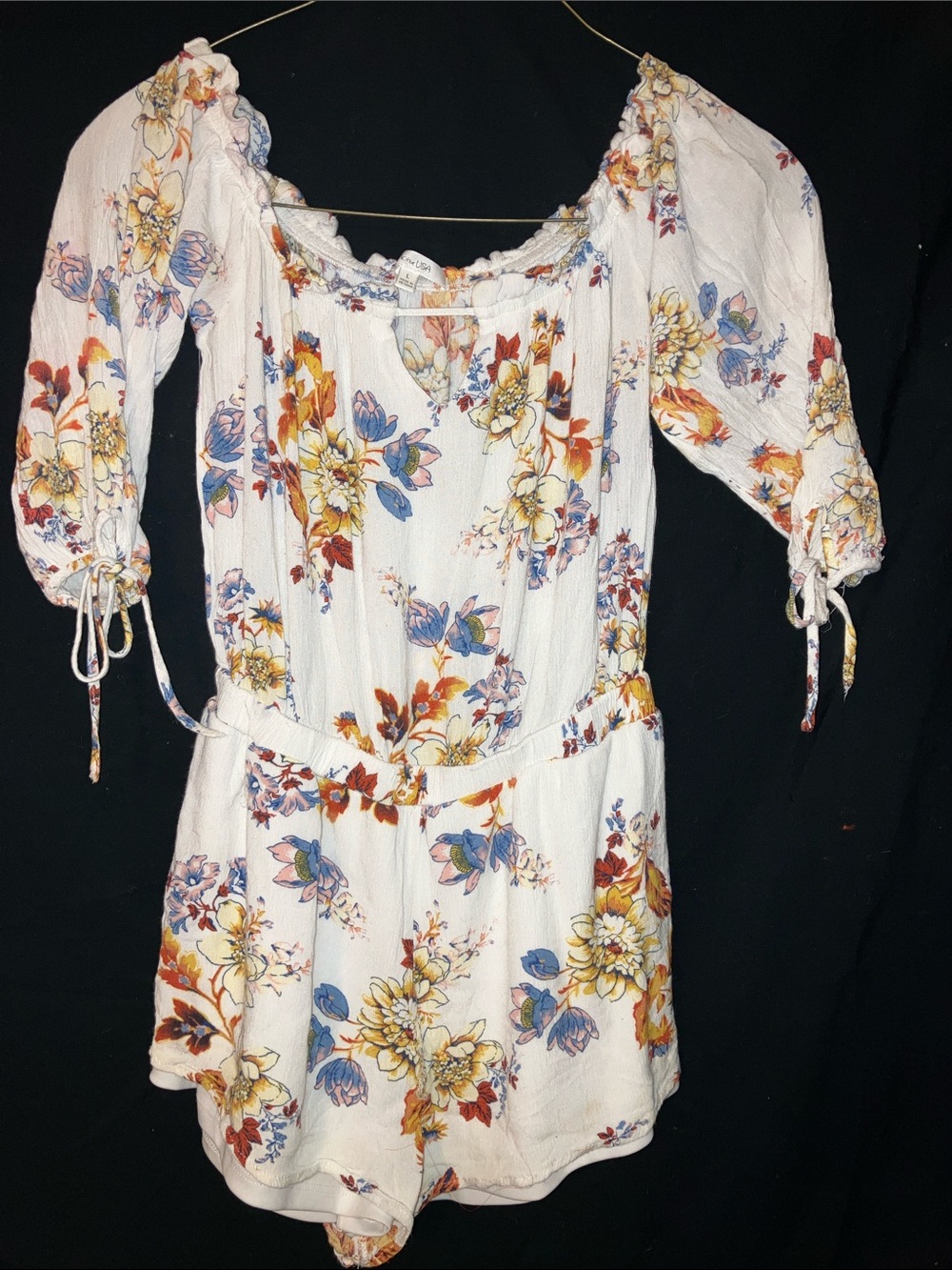 Floral Off-Shoulder White Dress with Yellow & Blue Blooms